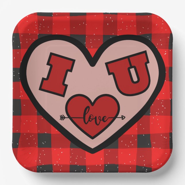 I ♥ U I Love You Buffalo Plaid Paper Plate (Front)