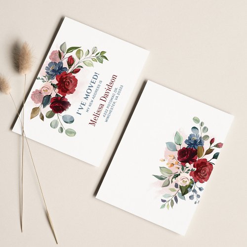 Ive Moved Burgundy Floral Botanical Announcement