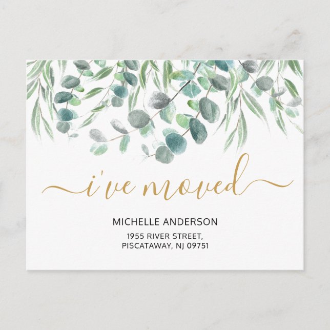 I’ve Moved Modern Eucalyptus Botanical Moving  Announcement Postcard (Front)