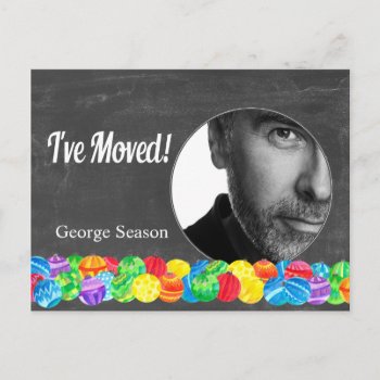 I´ve Moved Watercolor Baubles Photo Card by PortoSabbiaNatale at Zazzle