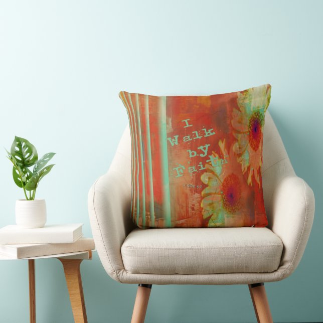 I Walk By Faith Orange/Teal Gerber Throw Pillow (Chair)