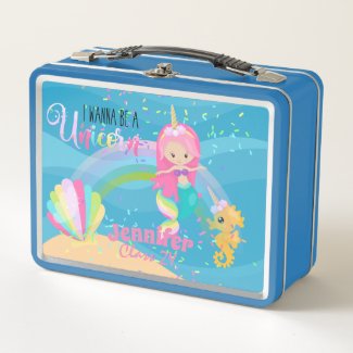 I Wanna Be A Unicorn Pink Gold Mermaid Girls Metal Lunch Box