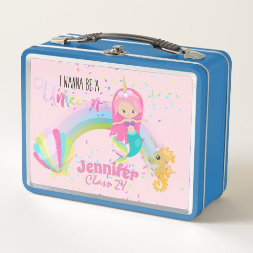 I Wanna Be A Unicorn Pink Gold Mermaid Girls Metal Lunch Box