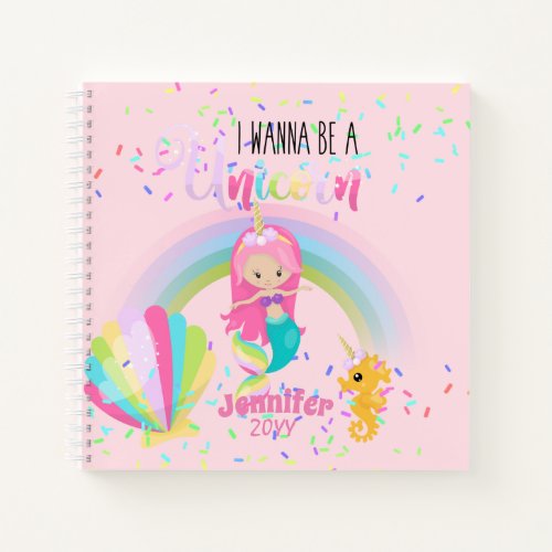 I Wanna Be A Unicorn Pink Gold Mermaid Girls Notebook