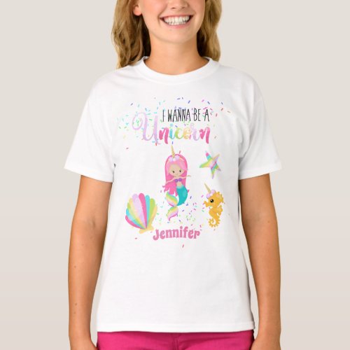 I Wanna Be A Unicorn Pink Gold Mermaid Girls T_Shirt