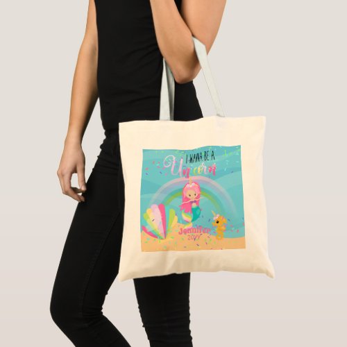 I Wanna Be A Unicorn Pink Gold Mermaid Girls Tote Bag
