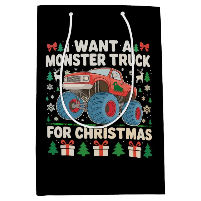 I Want a Monster Truck for Christmas Ugly Sweater Medium Gift Bag (Front)