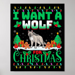I Want A Wolf For Christmas Xmas Tree Lights Snow  Poster