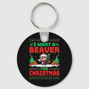 I Want Beaver For Christmas Cute Beaver Santa Hat Keychain
