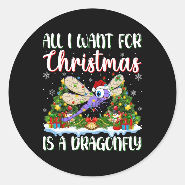 I Want For Christmas Is A Dragonfly Xmas Tree Ligh Classic Round Sticker (Front)