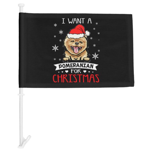 I Want For Christmas Is A Pomeranian Dog Santa Hat Car Flag (Front)