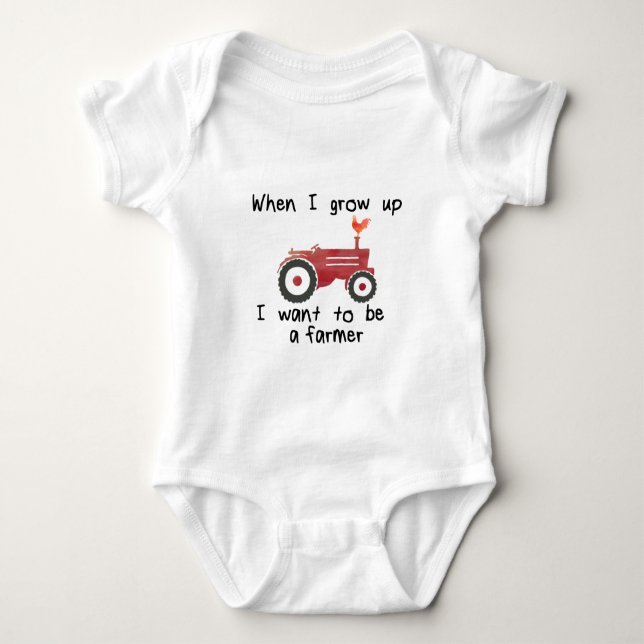I want to be a farmer, red tractor & rooster baby bodysuit (Front)