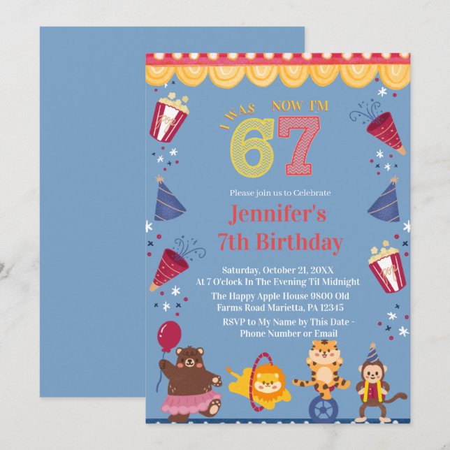 I Was 6 Now I’m 7 Circus 7th Birthday Kids Invitation (Front/Back)