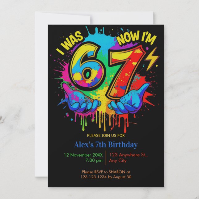  I Was 6 Now I’m 7 Colorful Paint Birthday Invitation (Front)