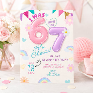 I Was 6 Now I’m 7 Pastel Rainbow Girl 7th Birthday Invitation