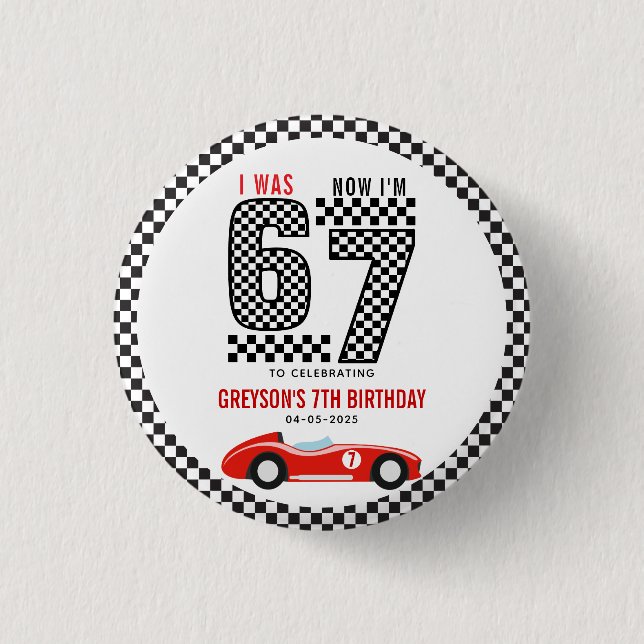 I Was 6 Now I'm 7 Race Car Boy Birthday Party Button (Front)