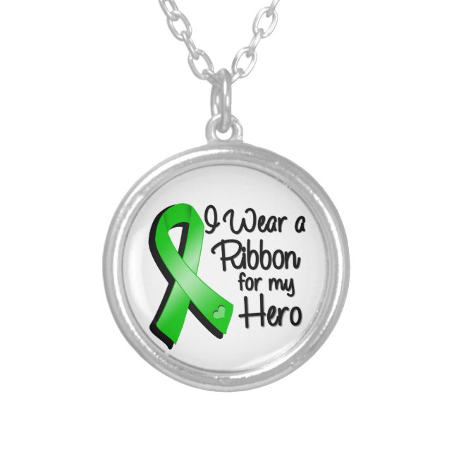 I Wear a Green Ribbon For My Hero Silver Plated Necklace (Front)