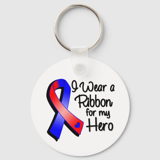 I Wear a Red and Blue Ribbon For My Hero Keychain (Front)
