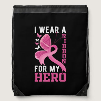 i wear a ribbon for my hero. breast cancer drawstring bag