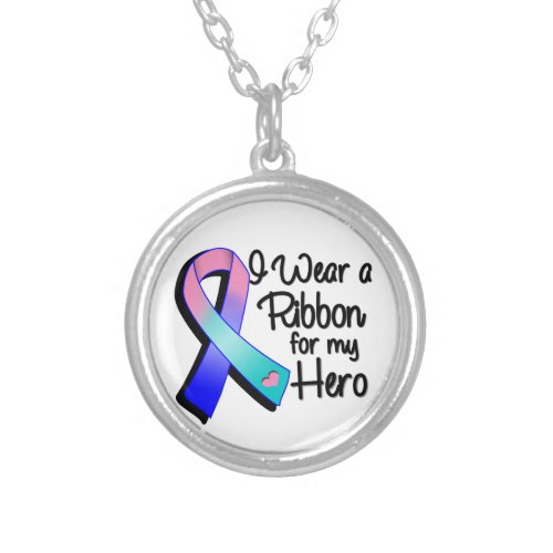 I Wear a Teal Pink and Blue Ribbon For My Hero Silver Plated Necklace