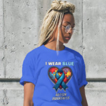 I Wear Blue Autism Awareness - Puzzle Heart Ribbon