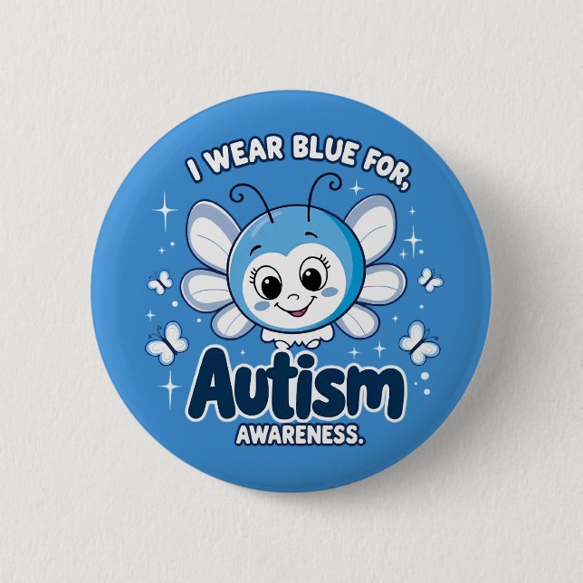 I wear blue for autism awareness button (Front)