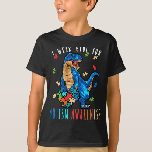 I Wear Blue For Autism Awareness Dinosaur T_Shirt
