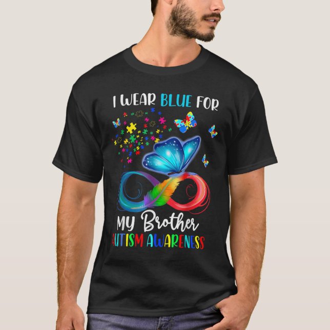 I Wear Blue For My Brother Autism Puzzle Butterfly T-Shirt (Front)