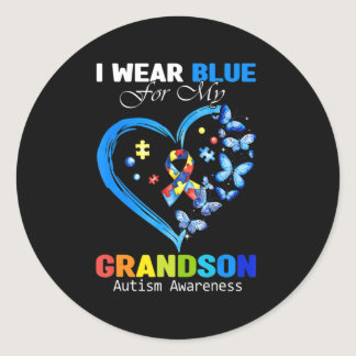 I Wear Blue For My Grandson Autism Awareness Heart Classic Round Sticker