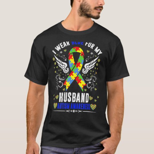 I Wear Blue For My Husband Boho Rainbow Autism Awa T_Shirt