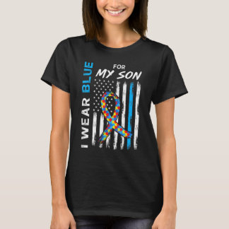 I Wear Blue For My Son American Flag Ribbon Puzzle T-Shirt