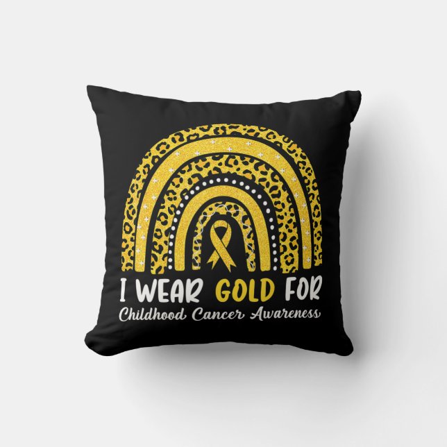 I Wear Gold For Childhood Cancer Awareness Rainbow Throw Pillow (Front)