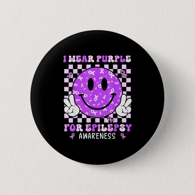 I Wear Purple For Elepsy Awareness Smile Face Emle Button (Front)