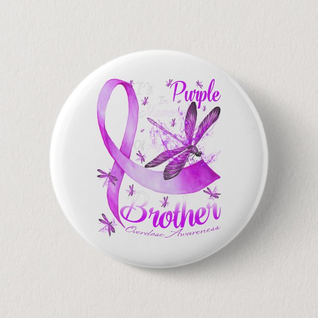I Wear Purple In Memory Of My Brother Dragonfly Button (Front)