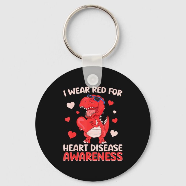 I Wear Red For Heart Disease Awareness T Rex Dinos Keychain (Front)