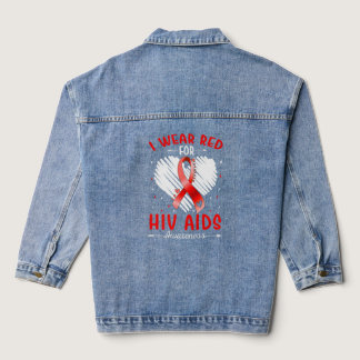 I Wear Red For Hiv Aids Awareness Ribbon Heart  Denim Jacket