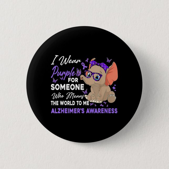 I Wear Ribbon Purple Elephant Cute Alzheimer's Awa Button (Front)