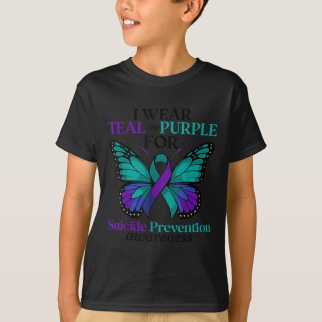 I Wear Teal &amp; Purple Butterfly Suicide Prevent T-Shirt (Front)