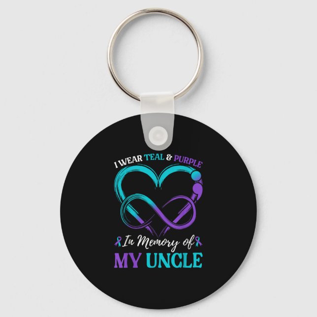 I Wear Teal &amp; Purple In Memory Of My Uncle  Keychain (Front)