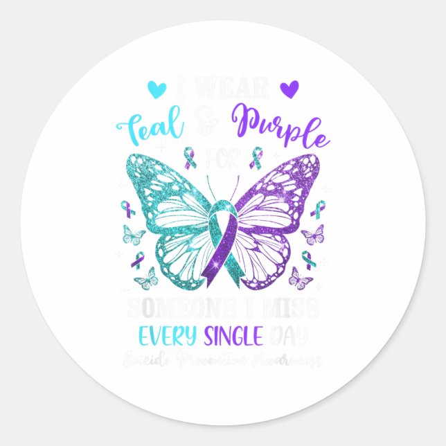 I Wear Teal &amp; Purple Suicide Prevention Awaren Classic Round Sticker (Front)