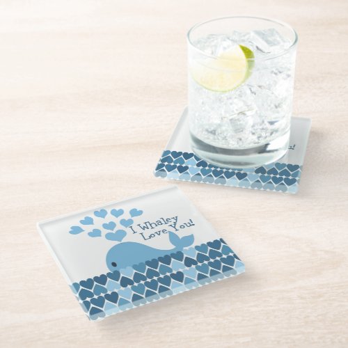 I Whaley Love You Blue hearts and Whale Glass Coaster