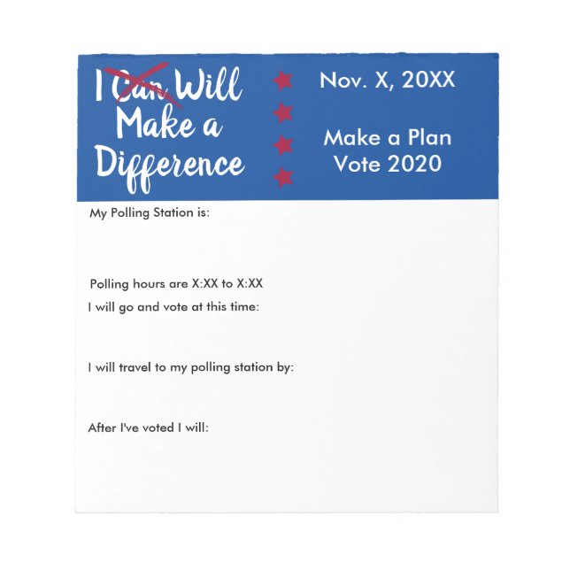 I Will Make a Difference in Person Ballot Reminder Notepad (Front)
