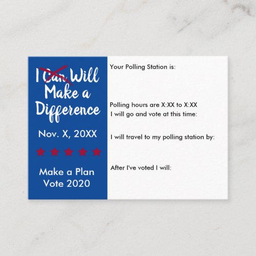 I Will Make a Difference Vote 2020 vote reminder Business Card