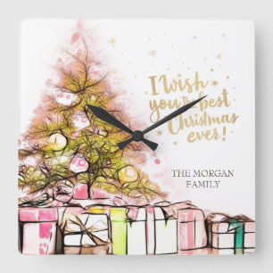 I Wish You The Best Christmas Ever,Pine Tree Square Wall Clock