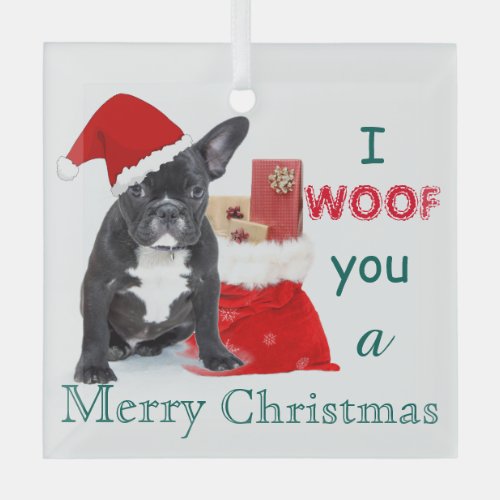 I woof you a Merry Christmas Bulldog Puppy  Glass Ornament