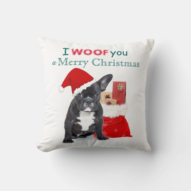 "I woof you a Merry Christmas" Bulldog Puppy Throw Pillow (Front)