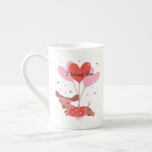 I Woof You Cute Dachshund Dog Red Heart Balloons Bone China Mug