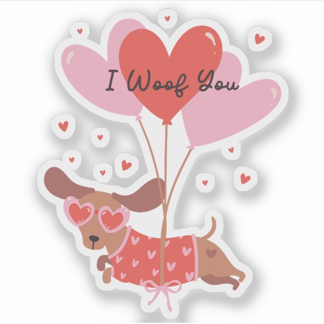 I Woof You Cute Dachshund Dog Red Heart Balloons Sticker (Front)