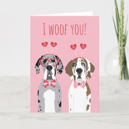 I Woof You Great Dane Dogs Pink Red Holiday Card
