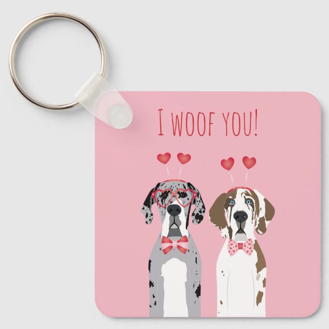 I Woof You Great Dane Dogs Pink Red Keychain (Front)